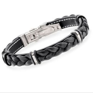 ROSS SIMONS Black Leather Bracelet Stainless Steel